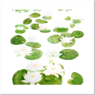 white waterlily pond watercolor Posters and Art